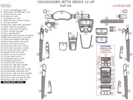 2011 VW Jetta Sedan Interior Full Dash Trim Kit, 49 Pcs