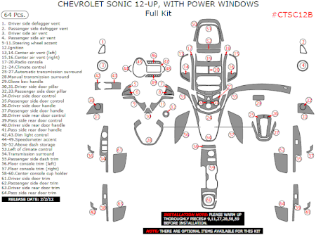 2012 Chevrolet Sonic w/ Power Windows, Full Dash Trim Kit, 64 Pc