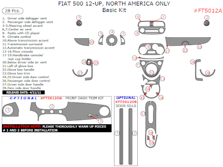 2012 Fiat 500 Interior Dash Trim Kit, Basic 28 Pcs