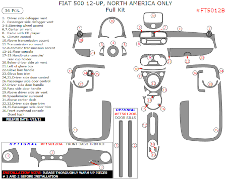2012 Fiat 500 Interior Dash Trim Kit, Full 36 Pcs