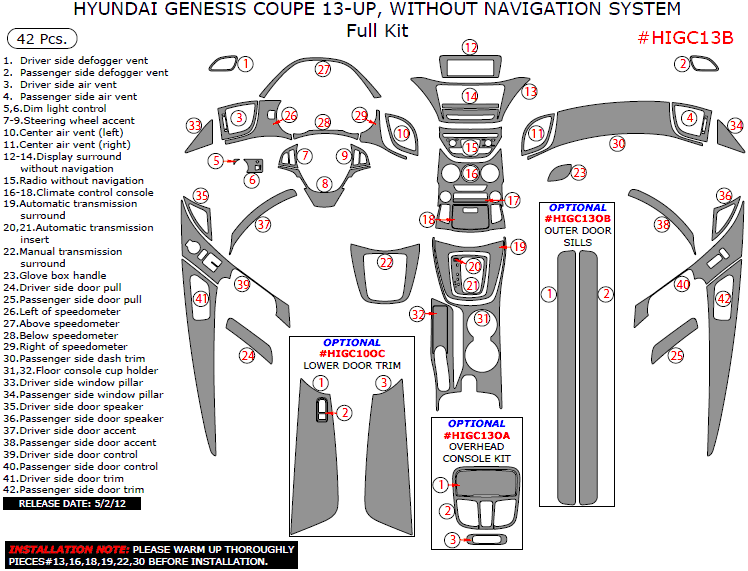 20132016 Hyundai Genesis Coupe Full Dash Trim Kit, w/o Navigation, 42 Pcs