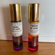 endometriosis and fibroid be gone essential oil roller blend with sticky monkey flower and gem essences in glass bottle