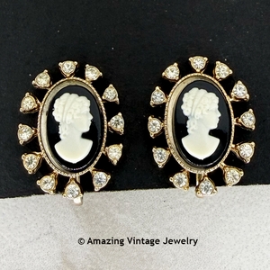 CORO Black and White Cameo Earrings