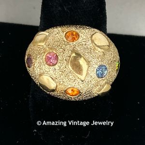 Goldtone Dome Ring with Multicolored Rhinestones