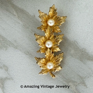 Goldtone Leaves Pin with Faux Pearls