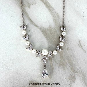 JCM Pearl and CZ Bridal Necklace