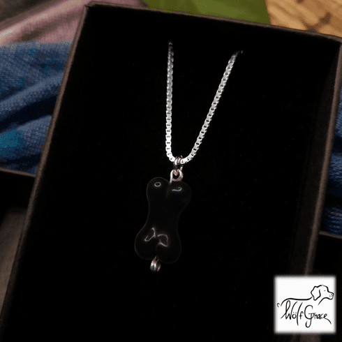Black Dog Bone Pendant Necklace "The Classical Bone" Czech Glass with Sterling Silver Chain