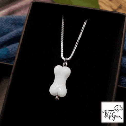 White Dog Bone Pendant Necklace <br> "The Spirit Bone" Czech Glass with Sterling Silver Chain