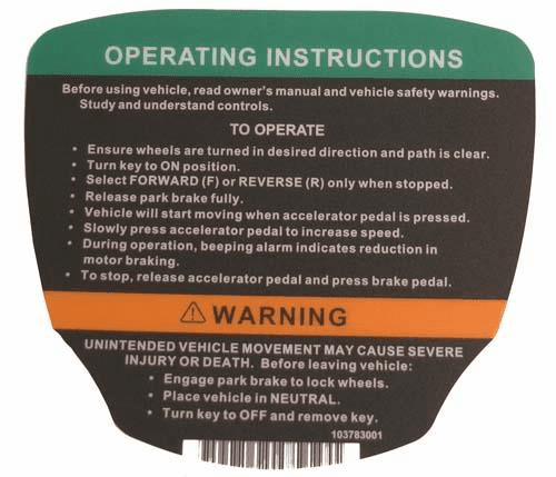 Club Car Precedent Electric Operating Instructions Decal (Years 2012-Up)