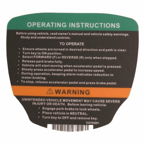 Club Car Precedent Electric Operating Instructions Decal (Years 2012-Up)