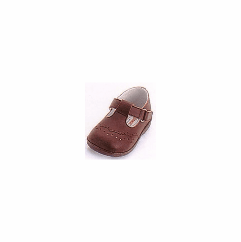 Angel leather t-strap shoe with subtle design on toe. Comes in colors red ecru white black "black patent" brown navy.Rubber sole for extra grip and velcro strap.