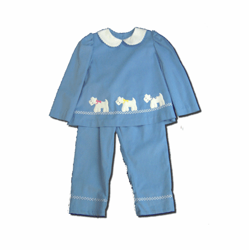 Funtasia Too Dog Blues very soft cotton blue swing top with white collar and embroidery of scottie dogs walking. Comes with matching blue pants with blue and white trim. Attractive and unique.