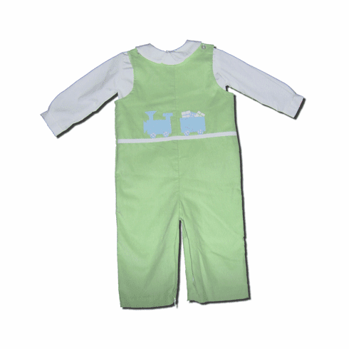 Funtasia Too Gifts Galore mint green longall with train and gifts applique and white collared shirt underneath. Zips at inseam and has a matching girls outfit. So cute and practical.