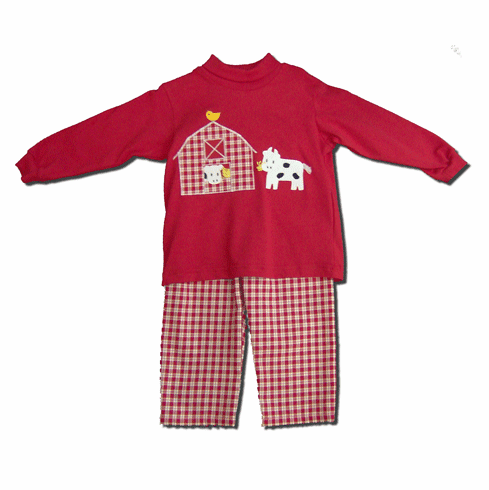 Funtasia Too Til the Cows Come Home very soft cotton red turtleneck with embroidery of barn and cows eating hay and matching red pants. Boys love this attractive and durable outfit.