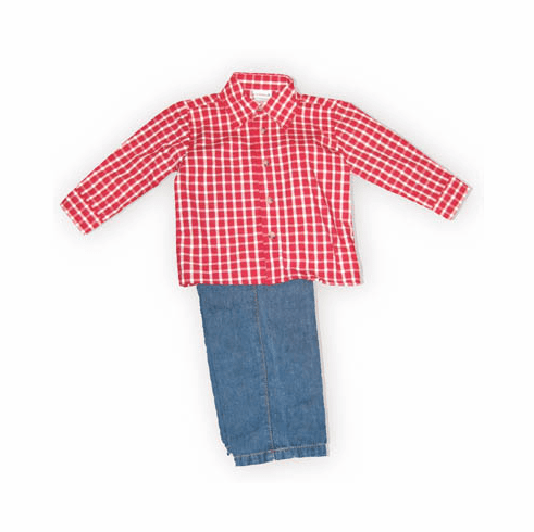 Good Lad Grandpa's Favorite boys red check button down collared shirt with denim pants with elastic. So adorable.