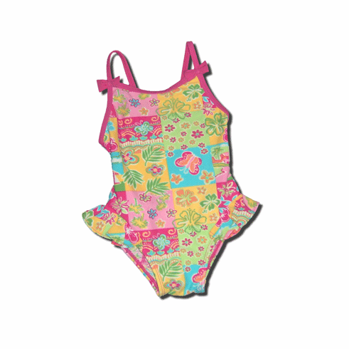 Hartstrings Swimwear tropical print bathing suit with ruffle and bows. 