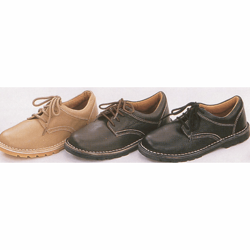 Lamour leather shoe that ties and a rubber sole to keep from falling. So comfortable and the boyss love it. Comes in choco brown, black and tan.