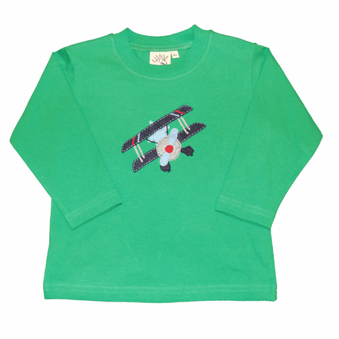 Luigi Airplane on a Green Shirt. Peruvian Pima Cotton.