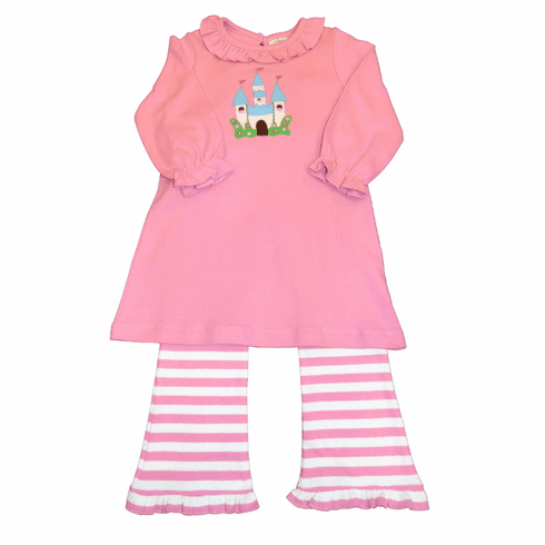 Luigi Castle for A Princess Bubblegum Dress with Ruffle Neck and Cuffs and Matching Stripe Leggings. Peruvian pima cotton.