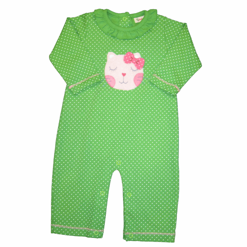 Luigi Catherine the Cat One Piece Outfit that snaps in the inseam to make changing diapers easier. Peruvian cotton.