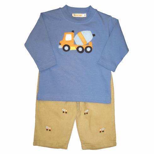 Luigi Dumptruck on Blue Long Sleeve Soft Knit Peruvian Cotton Shirt and Matching Khaki Corduroy Pants with Dumptrucks Embroidered.
