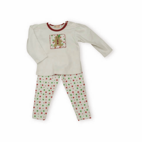Luigi Gingerbread Celebration white shirt with a gingerbread man picture on the front and green and red polka dot leggings. So cute and fun for parties.