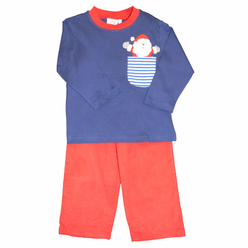 Luigi Knit Shirt with Santa Coming Out of Pocket Applique and Matching Red Brushed Cotton Pants. Peruvian pima cotton.