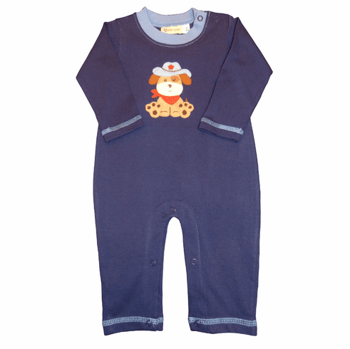 Luigi One Piece Dark Blue Knit with Cowboy Puppy Applique. Peruvian pima cotton.