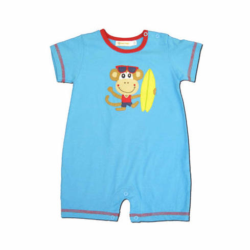 Luigi Papa's Lil Monkey turquoise and red short sleeve soft knit cotton one piece romper.