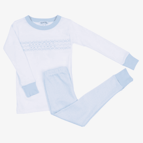Magnolia Baby Alex Blue and White Long Pajamas with Smocking. 2T