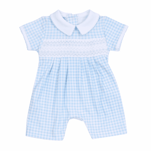 Magnolia Baby Baby Checks Blue Smocked Short Playsuit. 3m