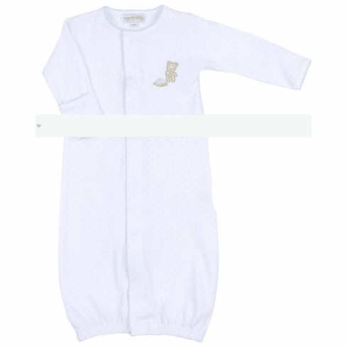 Magnolia Baby Blue Dot Long Sleeve Convertible Gown with Sweet Teddy Bear Embroidery. Newborn