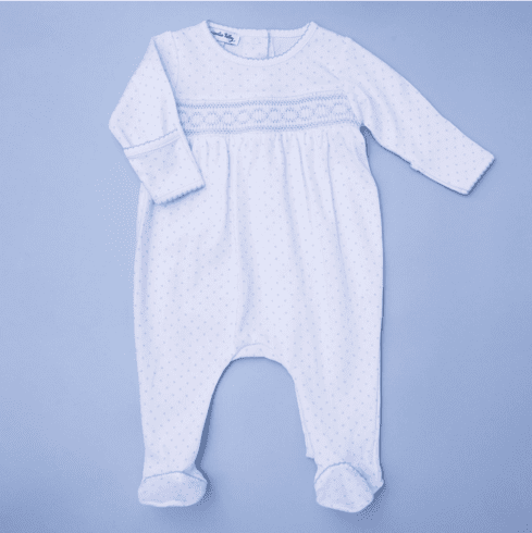 Magnolia Baby Blue Dot Smocked Long Sleeve Footie. Newborn
