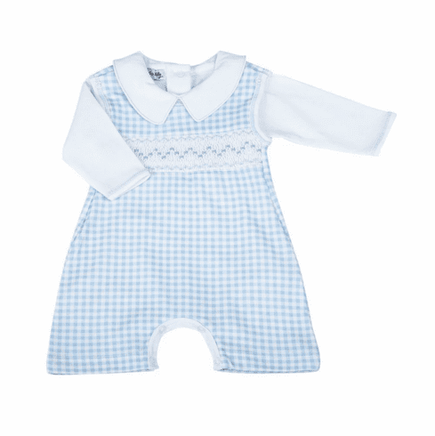 Magnolia Baby Blue Smocked Checked Shortall with Short Sleeve Shirt with Collar. 2T