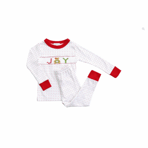 Magnolia Baby Christmas Joy Smocked Long Pajamas Pink. Peruvian Pima Cotton.