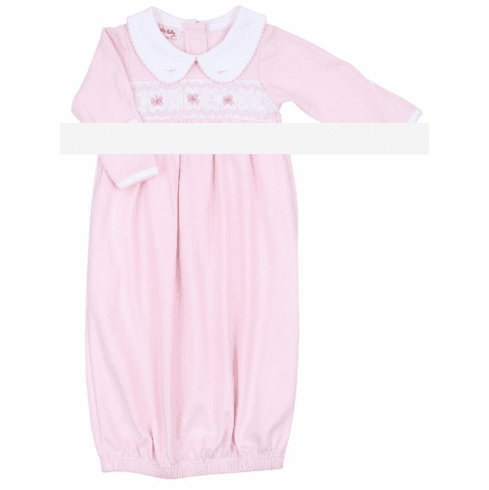 Magnolia Baby Freya Pink Smocked Long Sleeve Gathered Gown. Newborn
