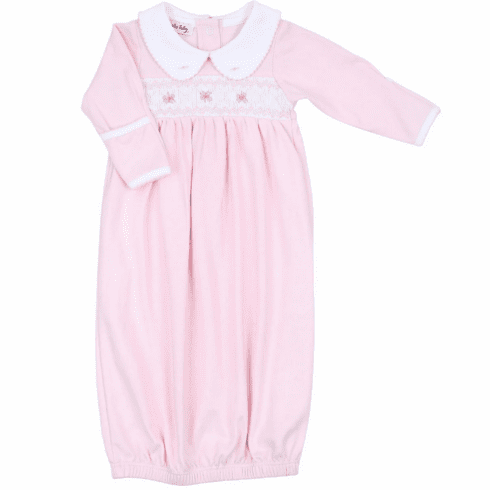 Magnolia Baby Freya Pink Smocked Long Sleeve Gathered Gown. Newborn