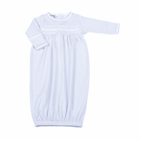 Magnolia Baby Mini Stripe Blue Long Sleeve Convertible Gown. Newborn