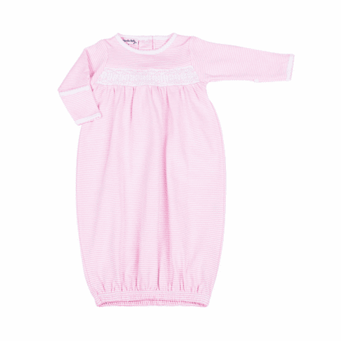 Magnolia Baby Mini Stripes Pink Smocked Long Sleeve Gathered Gown. Newborn