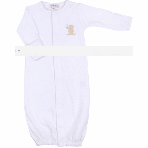 Magnolia Baby Pink Dot Long Sleeve Convertible Gown with Teddy Bear Embroidery. Newborn