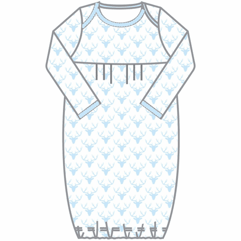 Magnolia Baby Sweet Little Buck Blue Print Pleated Gown. Peruvian Pima Cotton.