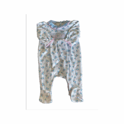  Magnolia Baby White with Blue Flowers Smocked Footie. Newborn 