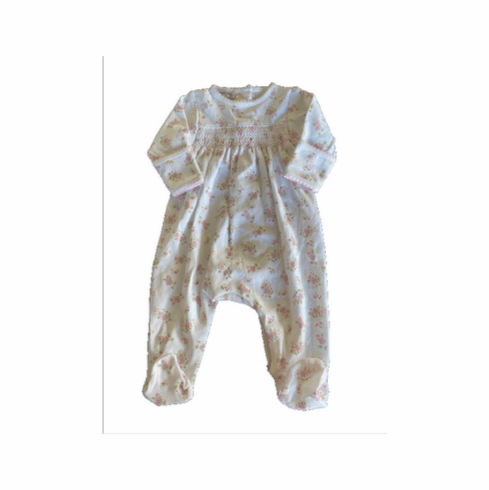  Magnolia Baby White with Pink Flowers Smocked Footie. Newborn 
