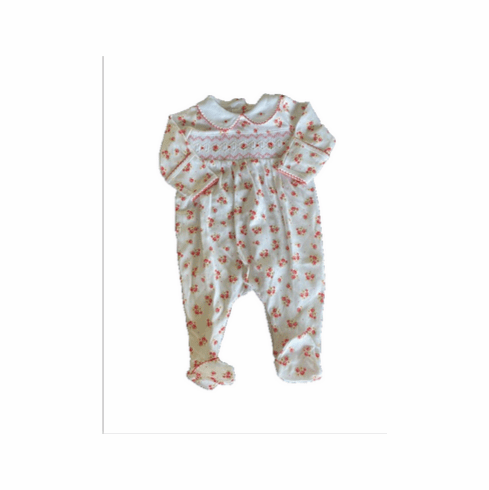  Magnolia Baby White with Red Flowers Smocked Footie. Newborn 
