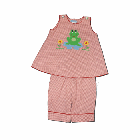 Monday`s Child Fishing Frog red/white checked top with frog/flowers and matching capris.