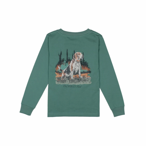 Properly Tied Beagle Long Sleeve Marine Green Color Pocket Tee. Peruvian Pima Cotton. T