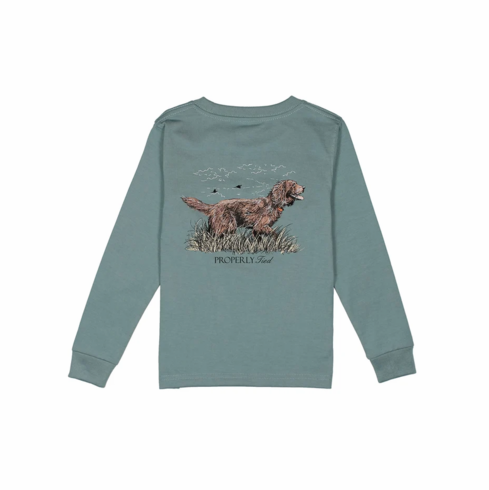 Properly Tied Boykin Long Sleeve Steel Blue Pocket Tee. Peruvian Pima Cotton. B
