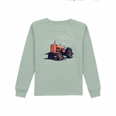 Properly Tied Boys Tractor Long Sleeve Sage Tee. Pima Cotton.