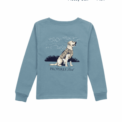 Properly Tied Good Boy Long Sleeve Steel Blue Tee. Pima Cotton.