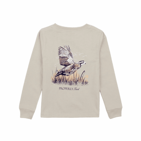 Properly Tied Quail Long Sleeve Light Tan Tee. Pima Cotton.